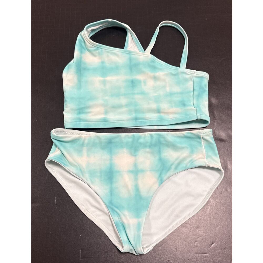 Athleta Girl Large L 12 Two Piece One Shoulder Top Swim Suit Bali Blue Tie Die